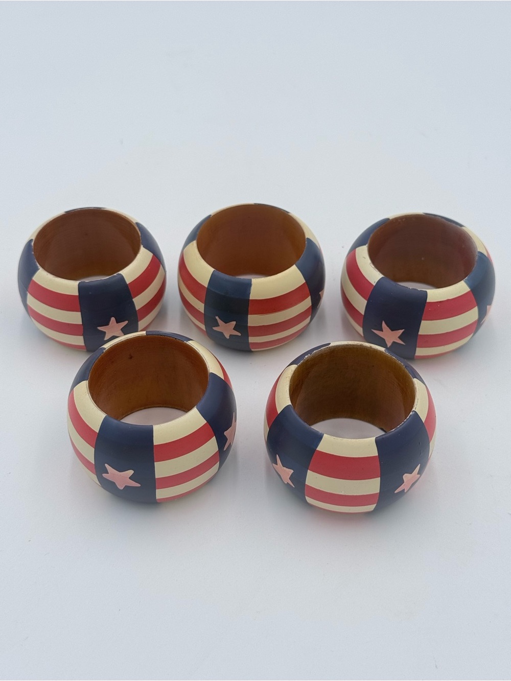 Vintage American Flag Wooden Napkin Rings 5Pc Stars & Stripes July 4 Patriotic